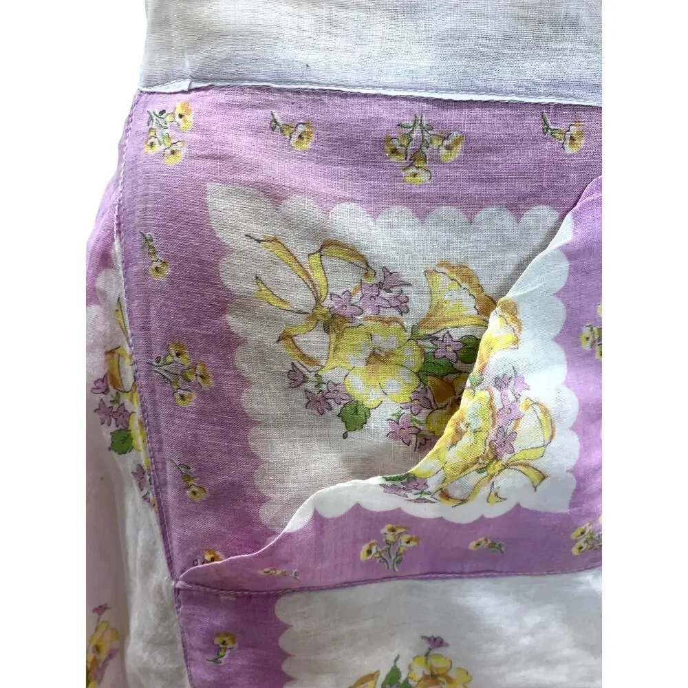 Vintage 50s Lilac Floral Hankie Apron Handmade Sheer Hostess Tea Apron